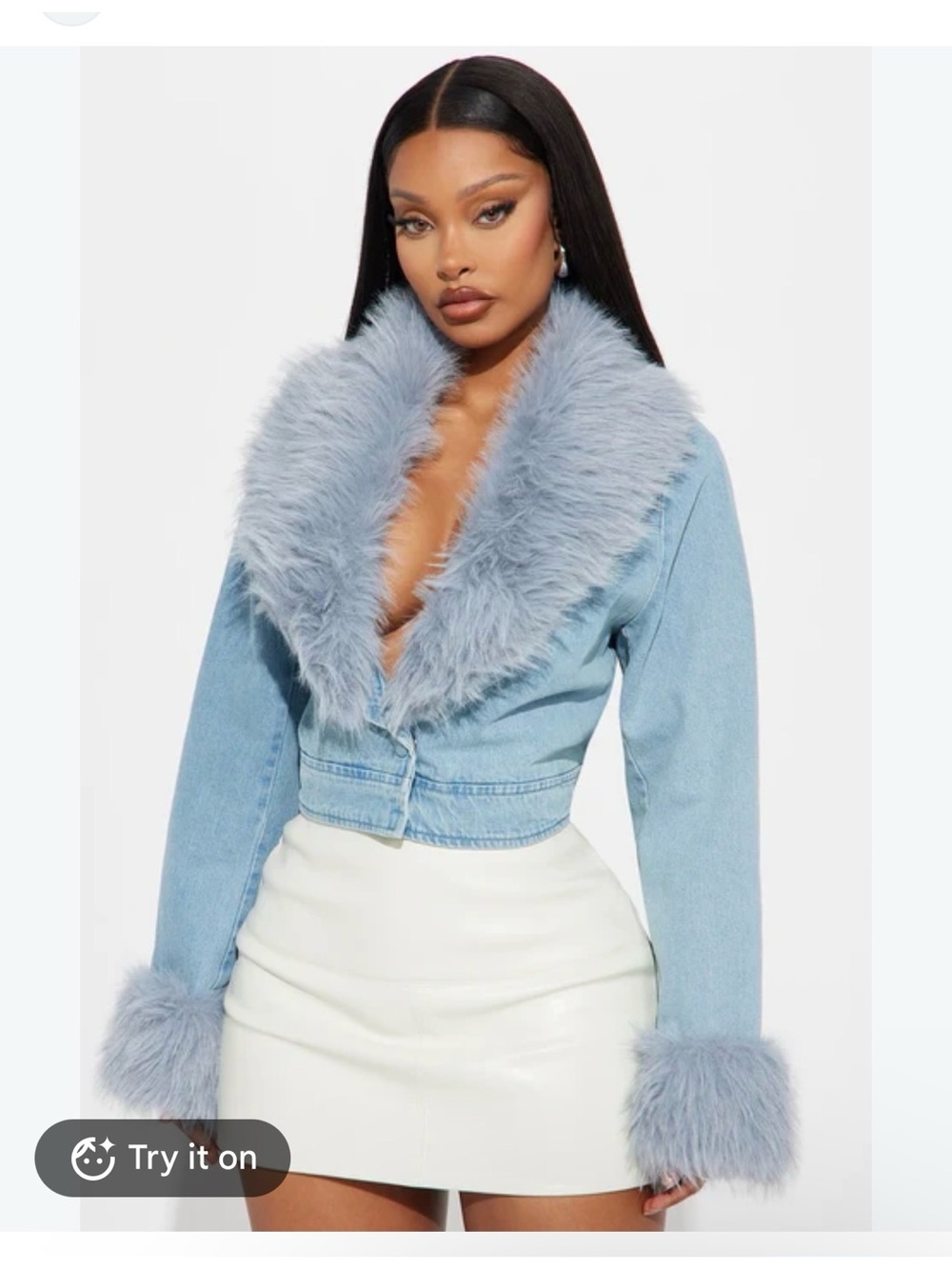 NWT Faux Fur Trim Light Blue Denim Jacket L